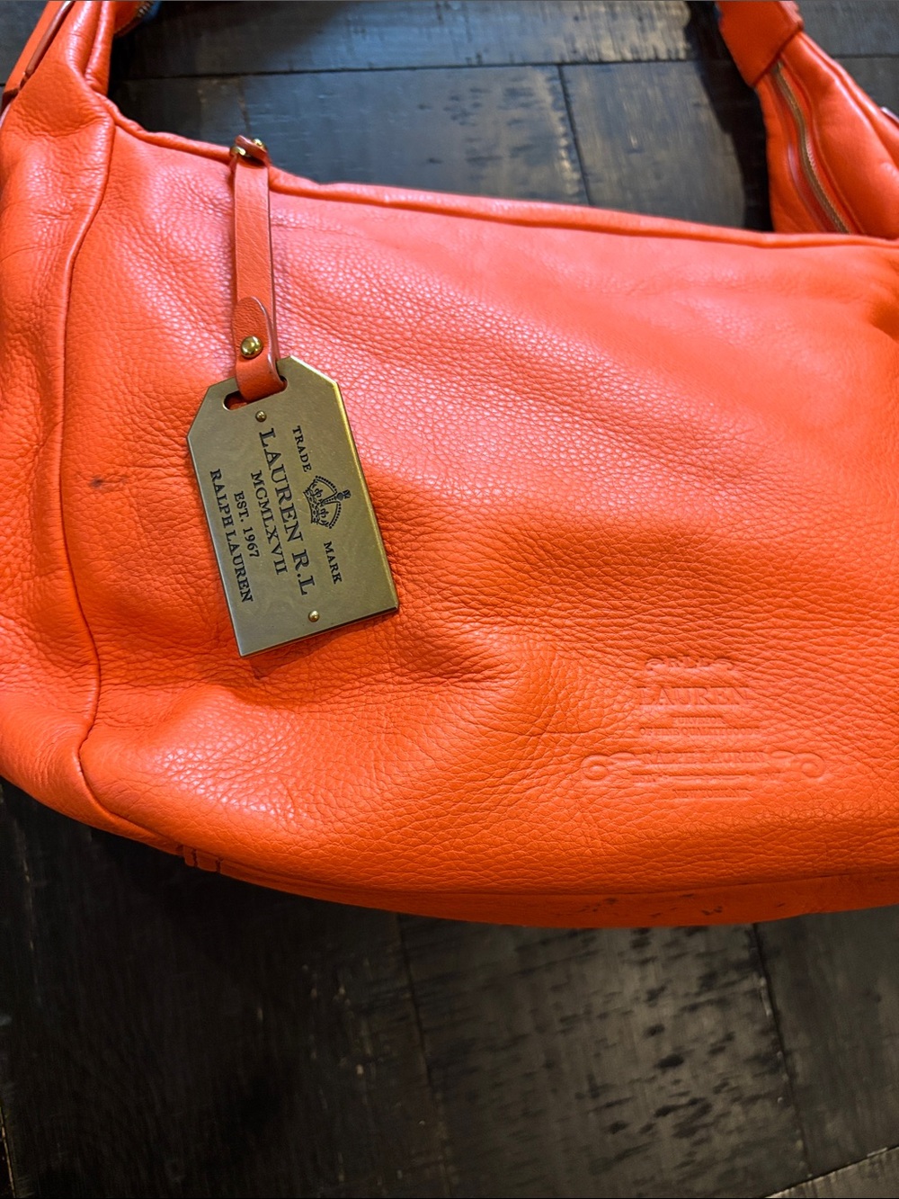 Lauren Ralph Lauren Orange Hobo Pebbled Leather Shoulder Bag Purse - Picture 2 of 14